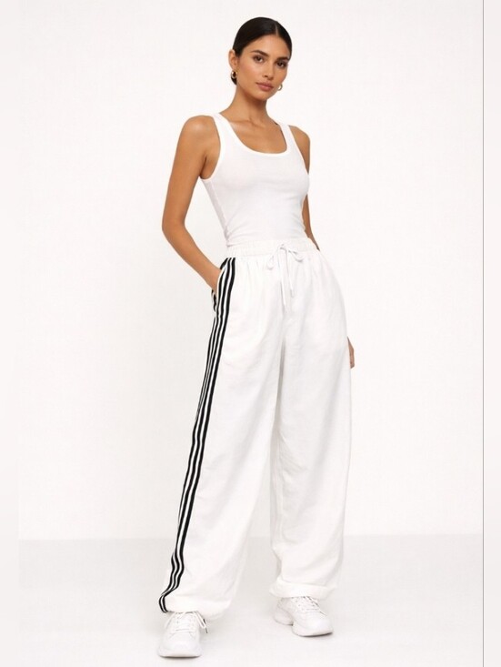 Love Tree Pants - Love Tree White Wide-Leg NylonTrack Pants with Black Side Stripes Large
